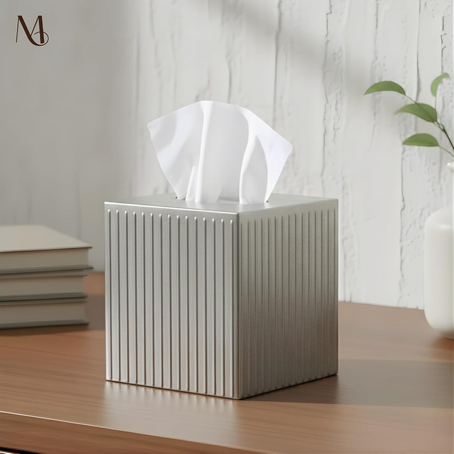 Monarch Abode Tissue Box Cover Square – Handcrafted Ridge Embossed Pewter Metal Tissue Holder Box for Bathroom Accessory, Aesthetic Decorative Facial Napkin Cube for Modern Home Decor