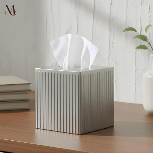 Monarch Abode Tissue Box Cover Square – Handcrafted Ridge Embossed Pewter Metal Tissue Holder Box for Bathroom Accessory, Aesthetic Decorative Facial Napkin Cube for Modern Home Decor