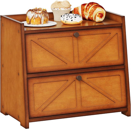 Vintage Double Layer Bread Box for Kitchen Counter Bamboo Bread Storage Container Large Capacity Bread Storage Bin