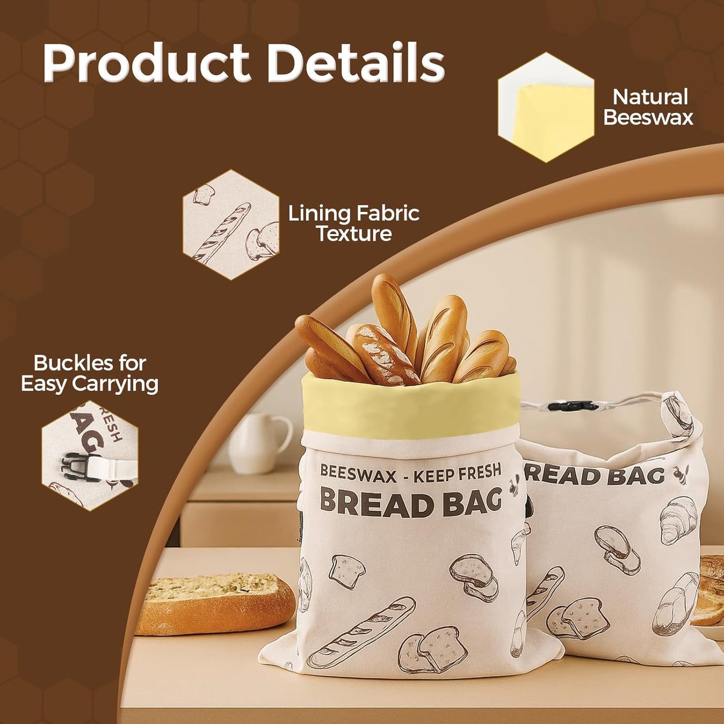 YARRAMATE Beeswax Bread Bags for Homemade Sourdough, Reusable Linen Food Storage Bags to Keep Loaf Fresh, Large Freezer Safe and Eco Friendly Bread Containers (17x13", 2 Pack)