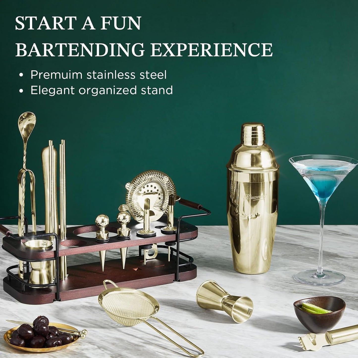 KITESSENSU Cocktail Shaker Set Bartender Kit with Stand | Complete 24-Piece Bar Set Cocktail Kit with All Bar Accessories, Gold