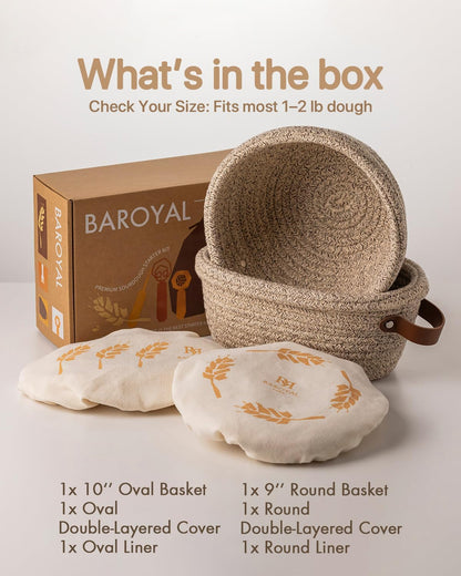 Crispier Crust Cotton Rope Banneton Bread Proofing Basket Set, Oval & Round Bread Baskets with Liners & Covers for Artisan Bread Baking, Sourdough Bread Baking Supplies(Natural)