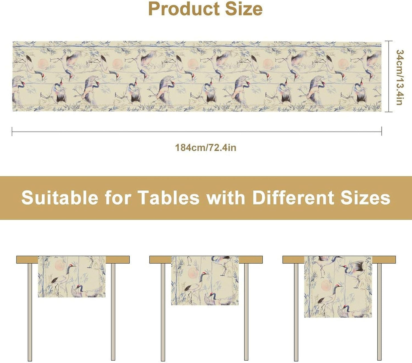 Japan Chinese Red-Crowned Crane Table Runner, Bamboo Ink Painting Animals Traditional Art Culture Table Runner for Holiday Home Living Room New Year Japanese Party Oriental, 13x70 Inch