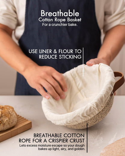 Crispier Crust Cotton Rope Banneton Bread Proofing Basket Set, Oval & Round Bread Baskets with Liners & Covers for Artisan Bread Baking, Sourdough Bread Baking Supplies(White-Mixed Brown)