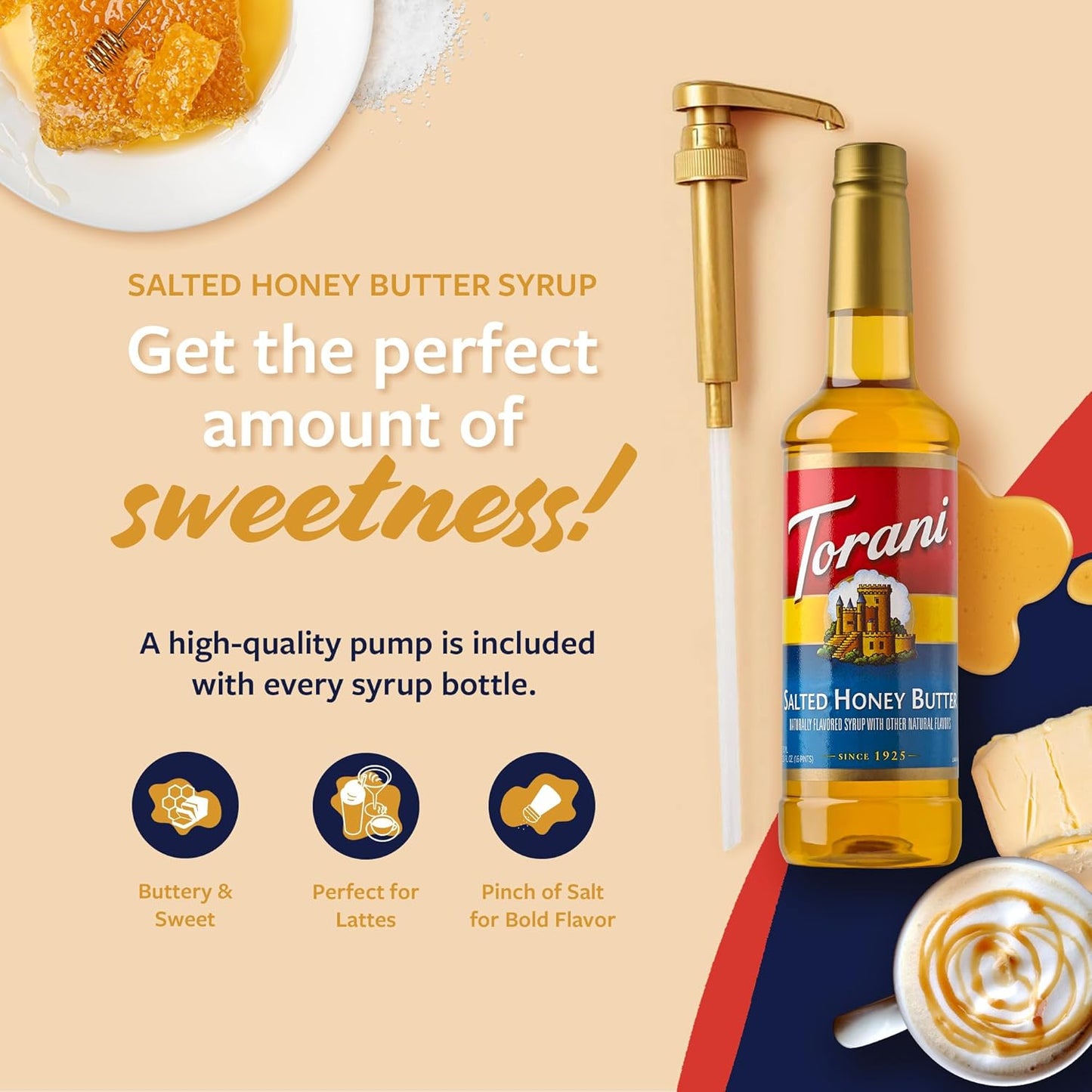 Torani Coffee Syrup, Salted Honey Butter Syrup, Flavoring for Drinks and Desserts, Pump Included, 25.4 Fl Oz