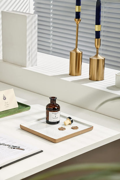 Vanity Tray with Brown Trim - Candle & Perfume Holder Organizer - Decorative Square White 8"8" Bathroom Countertop Tray