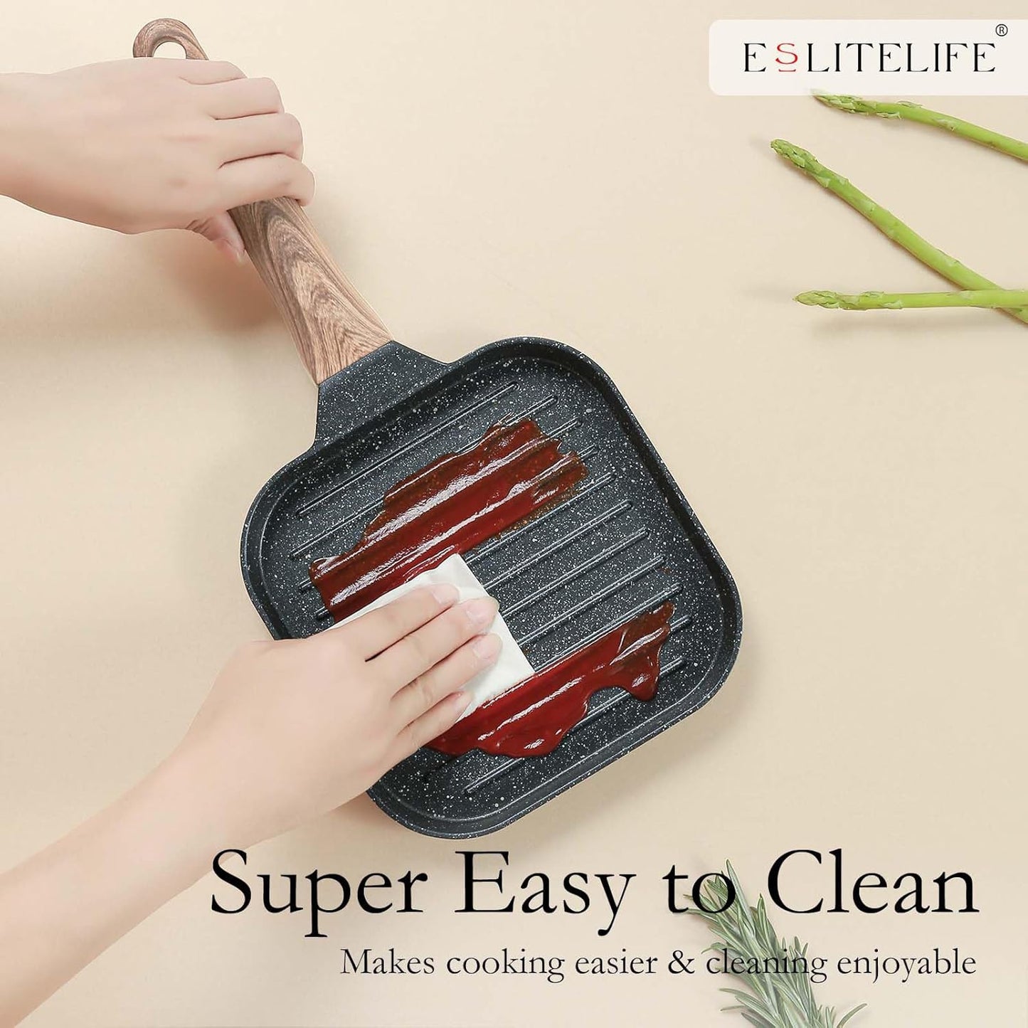 ESLITE LIFE 7 Inch Nonstick Small Grill Pan for Indoor Cooking, Versatile Induction Square Grilling Skillet Steak Pan for Stove Tops, PTFE & PFOA Free, Black