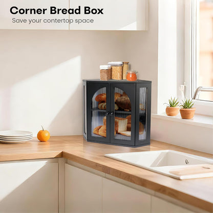 Corner Bread Box for Kitchen Countertop, Double Layer Bamboo Bread Storage Container for Homemade Bread, Large Capacity Bread Holder with 3 Adjustable Height for Counter, Breadbox Organizer