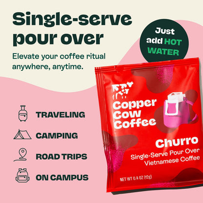 Copper Cow Coffee Premium Pour Over Single-Serve Vietnamese Coffee Pouches (8 pack) | Churro | Dark Roast | Flavored with Real Cinnamon | Convenient Vietnamese Ground Coffee Packets, Travel Friendly