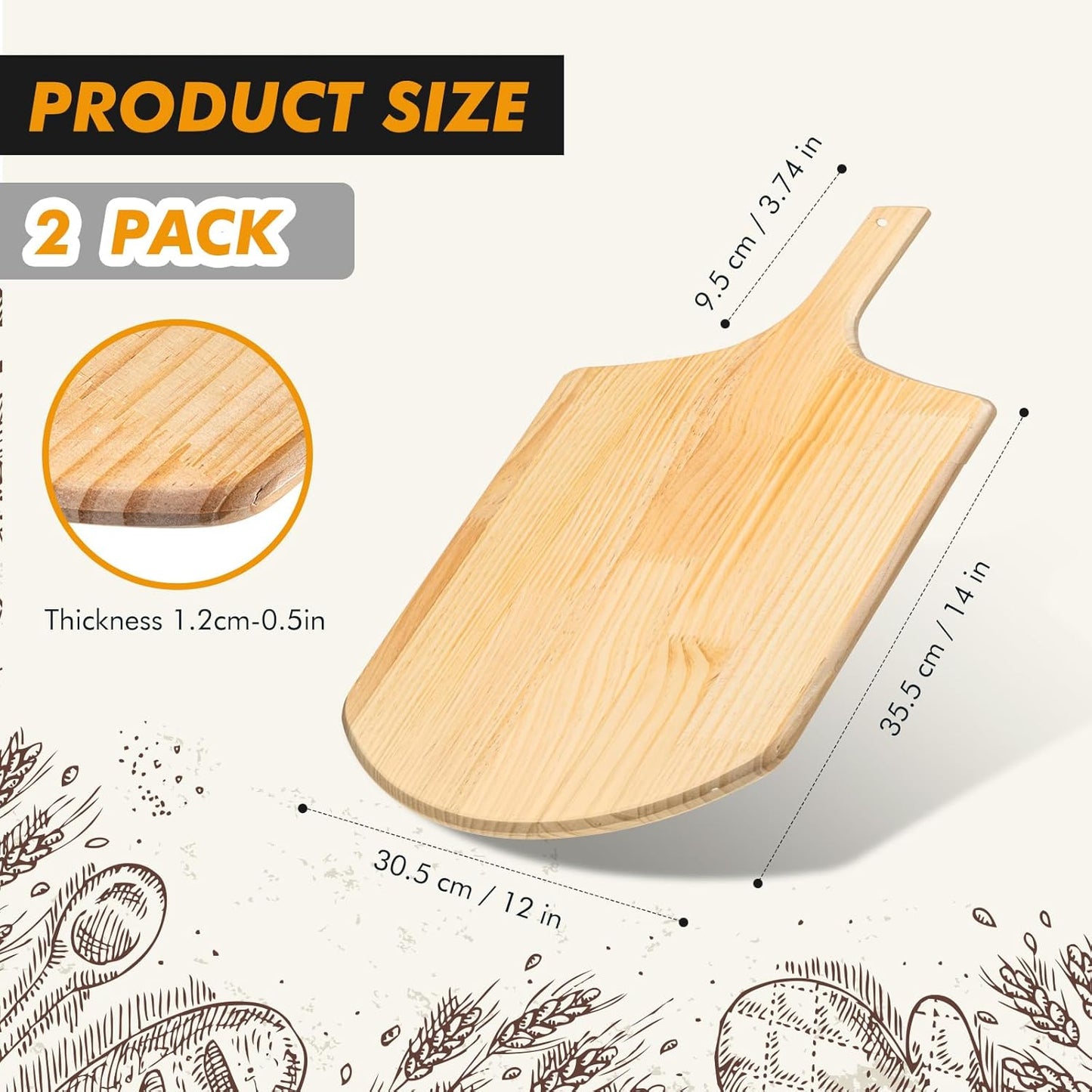 Bokon 2 Pack Wooden Pizza Peel, 14 x 12 Inch Large Pizza Paddle Set with 4 Inch Wooden Handle for Oven, Stone, Pan or Grill, Spatula for Baking Bread and Cake - Indoor & Outdoor