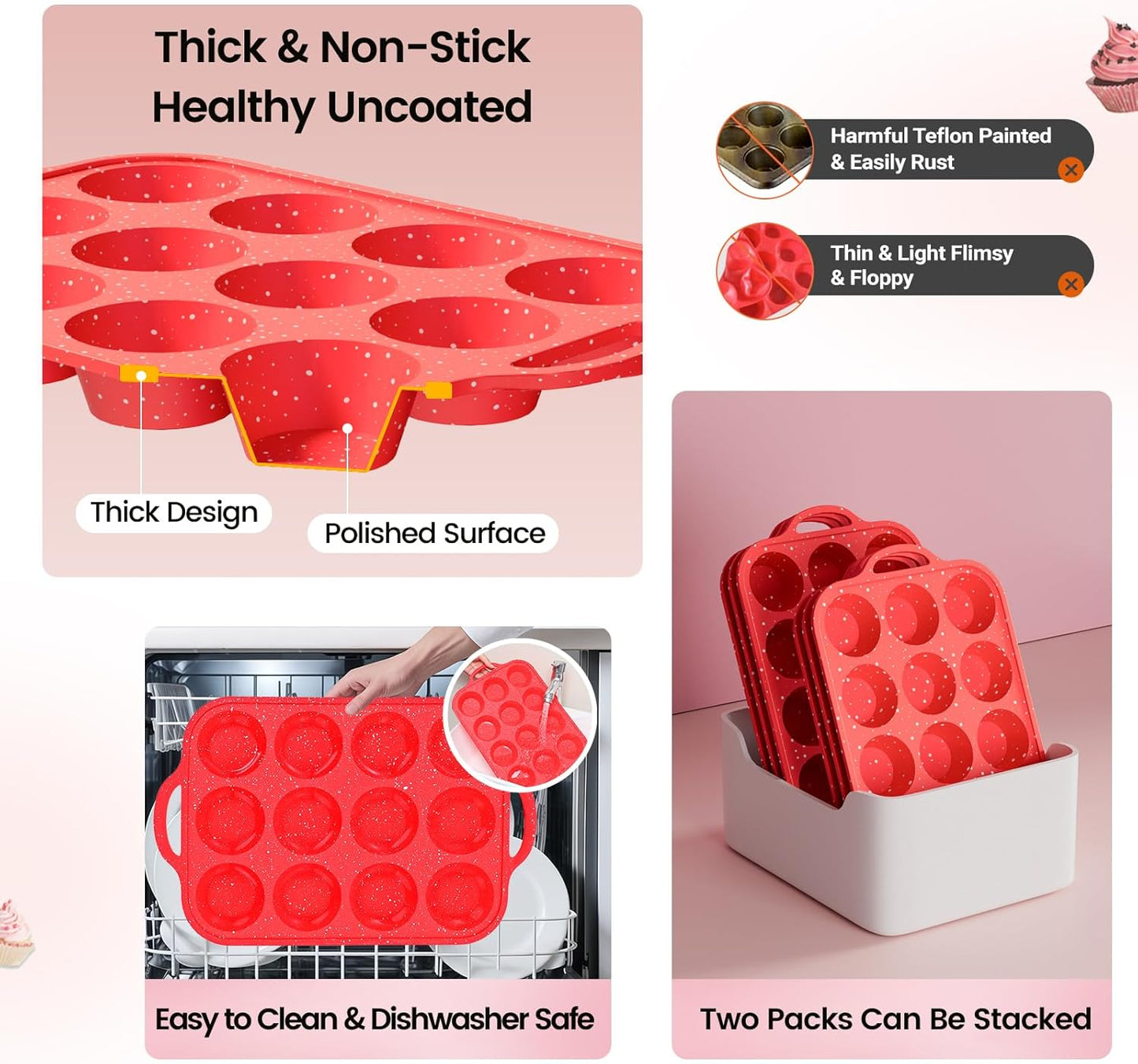 Silicone Muffin Pans for Baking, with Metal Reinforced Frame, Dishwasher Safe BPA Free Nonstick Silicone Cupcake Pan 12 Cups for Baking Homemade Muffins, Cupcakes - 2 Pack