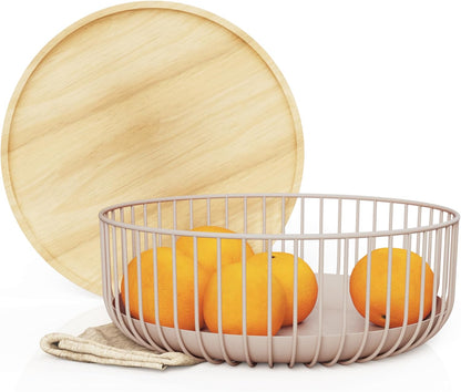 Fruit Basket for Kitchen - Multi-Purpose Stackable Basket with Wooden Lid - Powder Coated Metal and Rubber Wood - Wire Baskets for Organizing - Minimal Design - 11.4''x11.4''x4.5'' - Peach