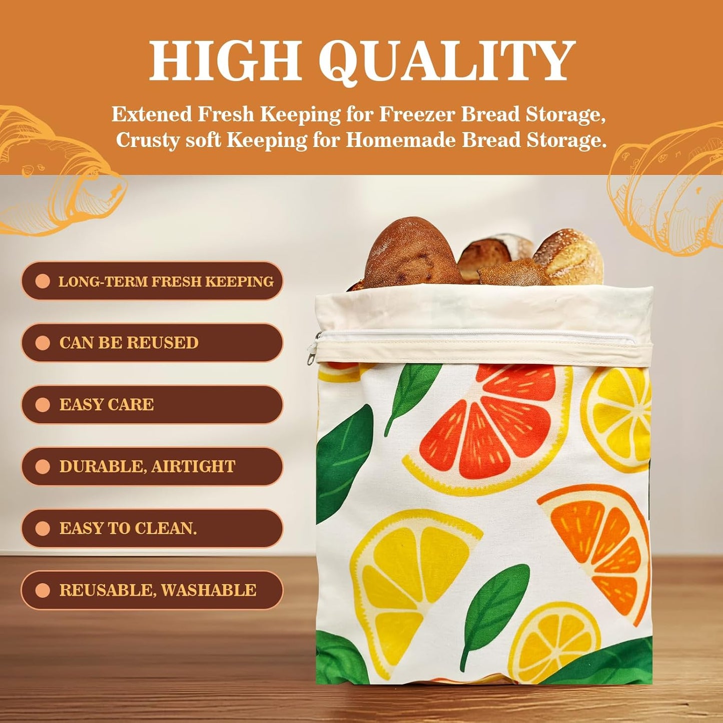 Beeswax Bread Bags for Sourdough 2 Pack 13"x17" Eco-Friendly Reusable Linen Cotton Storage Bags with Zipper Closure for Homemade Bread Fresh-Keeping, Freezer-Safe (Blood orange)