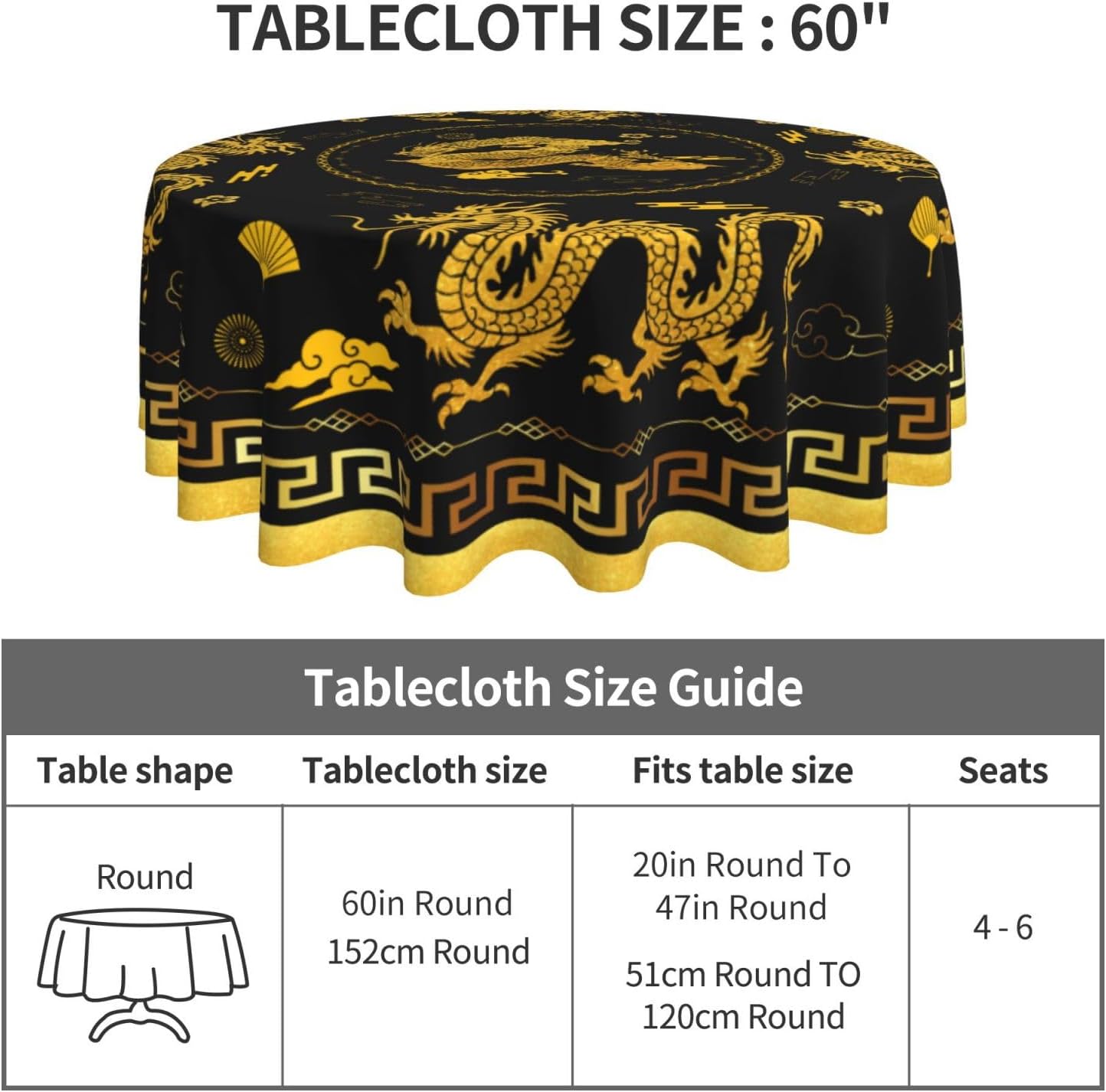 Chinese Dragon Tablecloth Round, Black Golden Traditional Zodiac Dragon Vintage Asian Style Oriental Water Resisitant Table Cover for Dining Kitchen Living Room Home Party Holiday Decor 36 inch Round