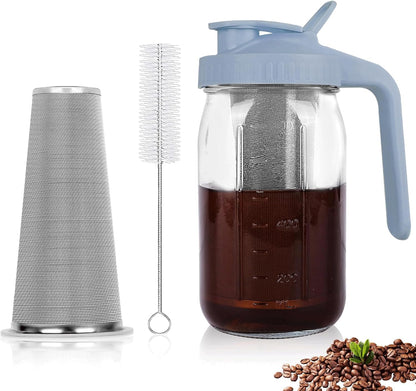 Cold Brew Coffee Maker,32 oz Mason Jar Pitcher with Stainless Steel Filter, Pour Spout Handle Lid, Heavy Duty Glass Airtight & Leak-Proof Pitcher for iced coffee Tea Lemonade-Gray