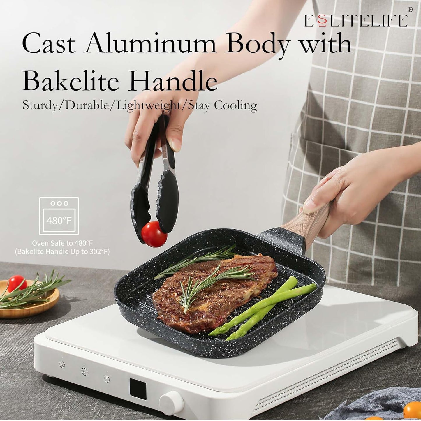 ESLITE LIFE 7 Inch Nonstick Small Grill Pan for Indoor Cooking, Versatile Induction Square Grilling Skillet Steak Pan for Stove Tops, PTFE & PFOA Free, Black