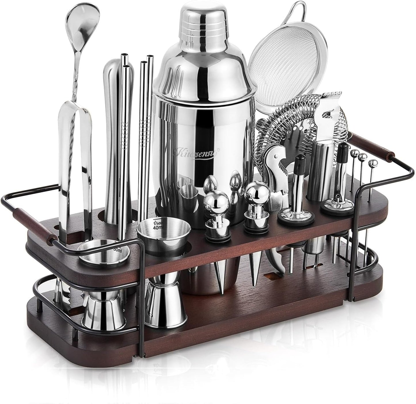 KITESSENSU Cocktail Shaker Set Bartender Kit with Stand | Complete 24-Piece Bar Set Cocktail Kit with All Bar Accessories: Martini Shaker, Jigger, Muddler | Drink Mixer Set for Home Bar Cocktails