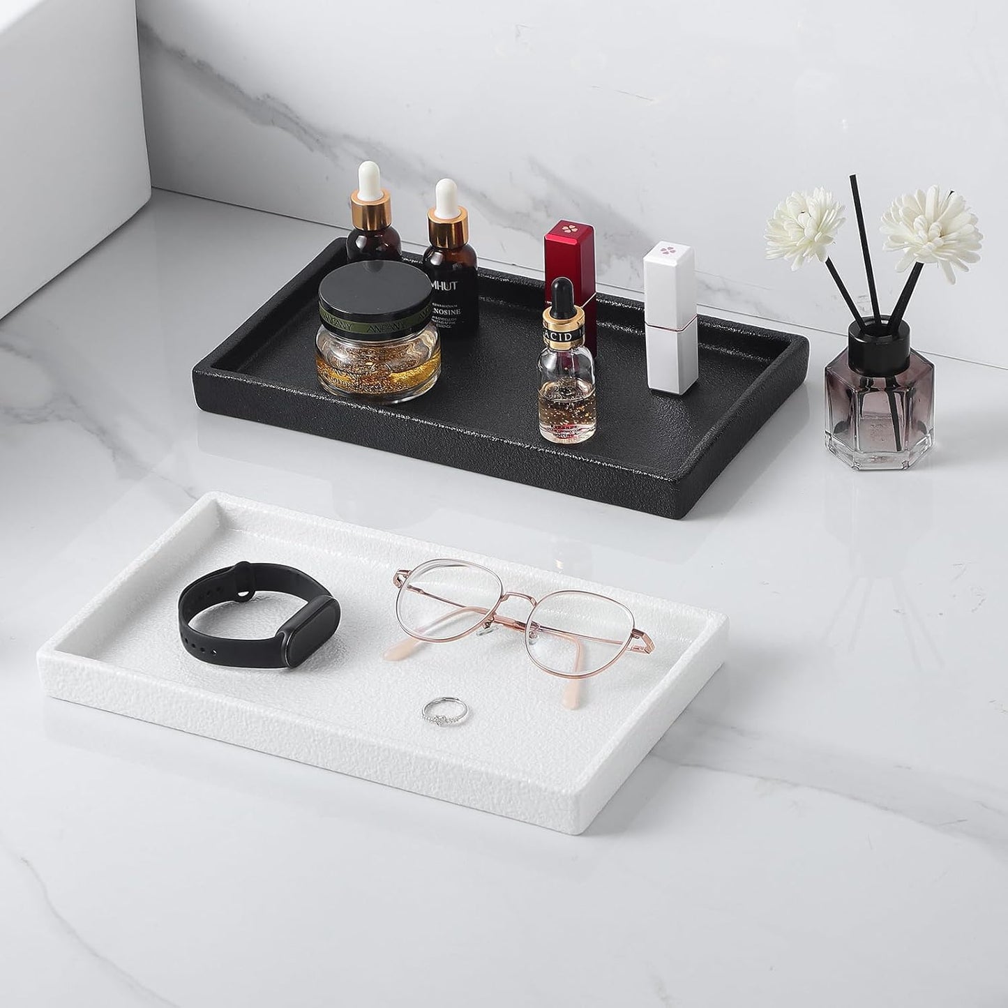 Bathroom Vanity Tray - 11'' Ceramic Rough-Textured Rectangle Countertop Tray, Heavy-Duty Perfume Organizer Plate, Jewelry Ring Tray, Kitchen Soap Dispenser Stone Trays, Black