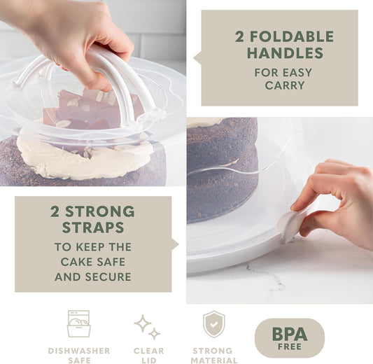 EXTRA LARGE & EXTRA STURDY Cake Carrier, Cake Stand with Lid and Foldable Handles - Multifunctional Serving Platter and Cake Plate - Cake Container with Dome and Strong Snaps 13 x 13 x 7 inch (White)