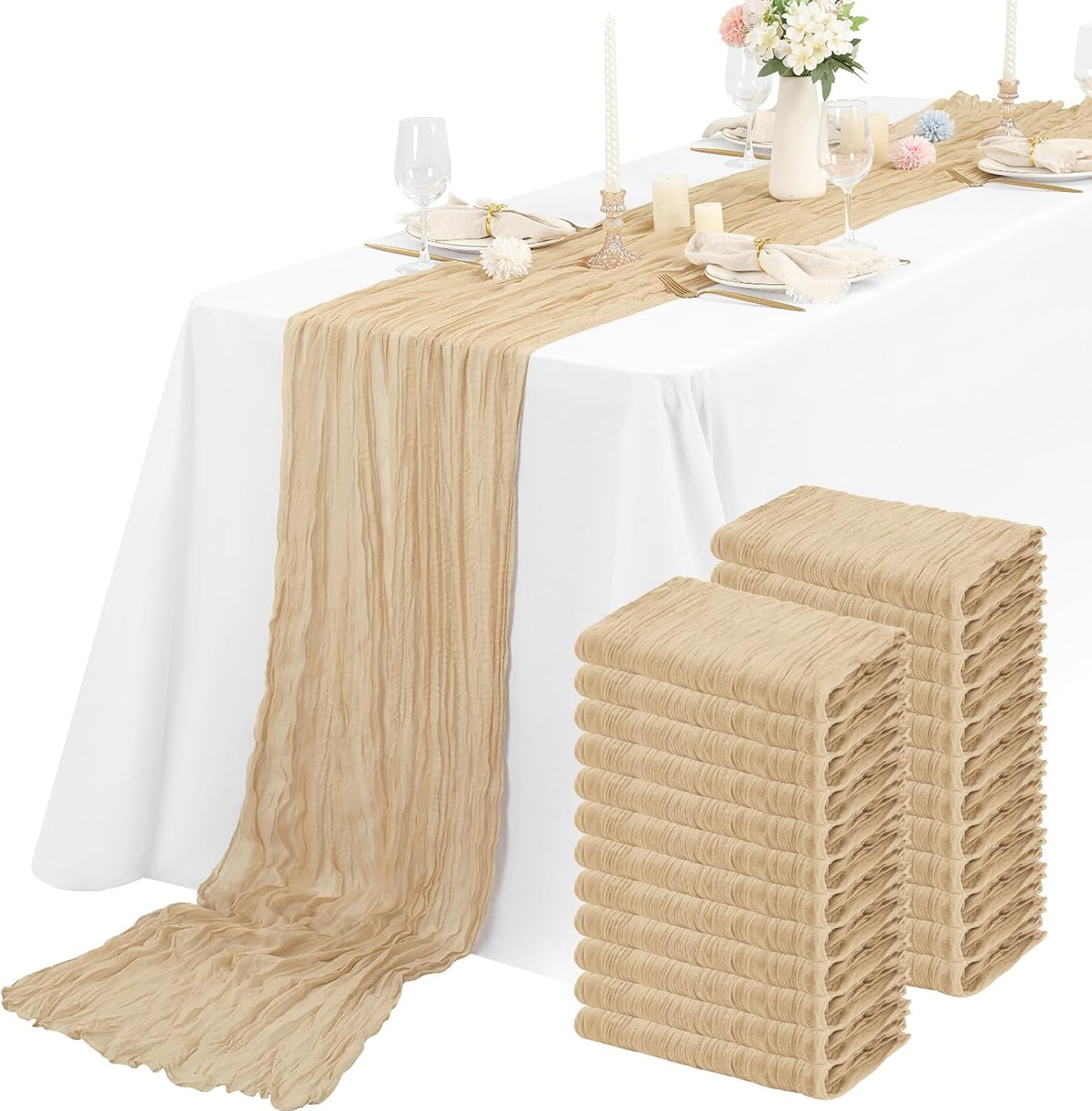 24 Packs Cheesecloth Table Runner Beige,10 Ft Rustic Gauze Boho Wedding Table Runner Decoration, Wedding Table Decor Table Cloth for Wedding Party Bridal Shower Table,21.5x120in