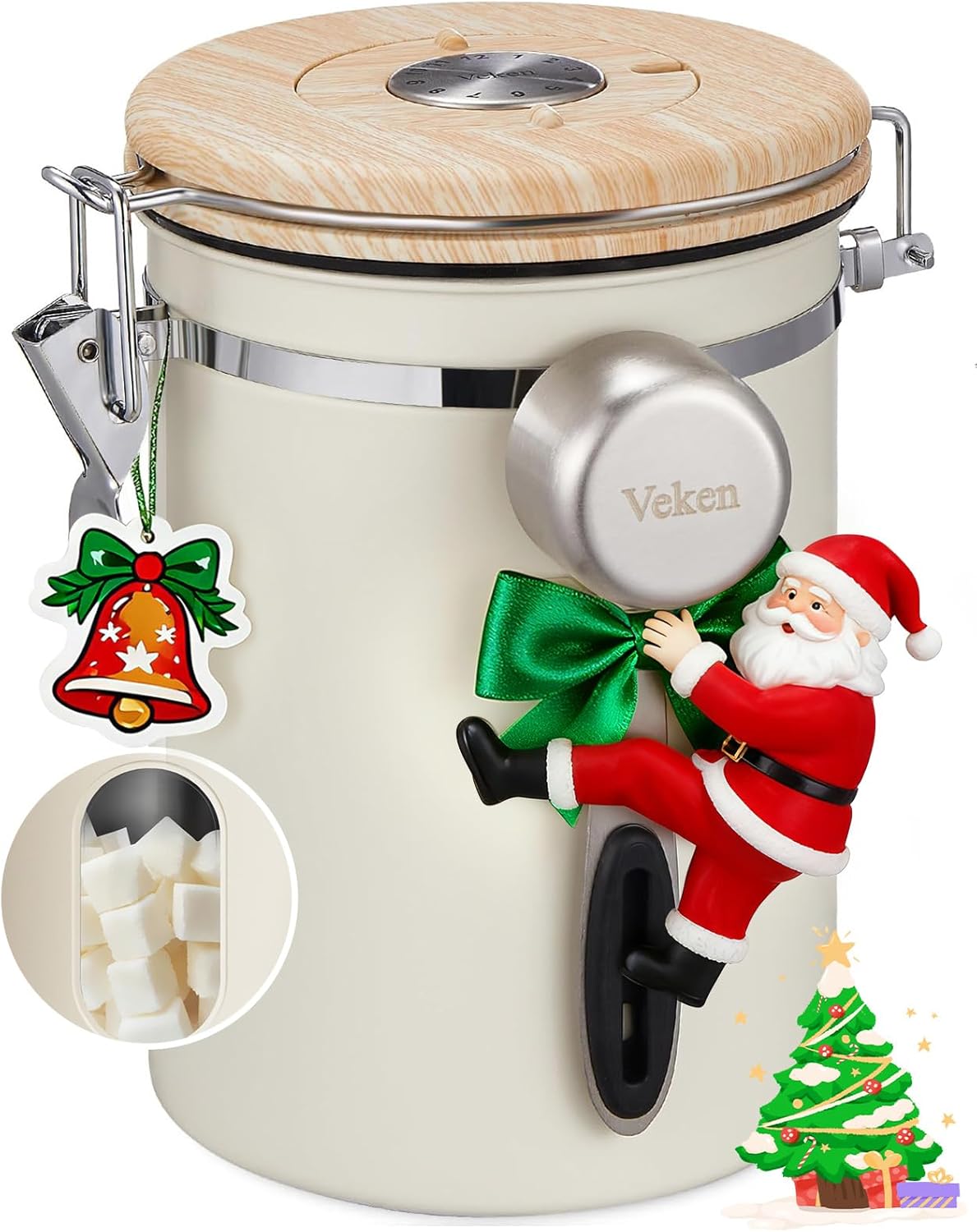 Veken Coffee Sugar Canister with Window, Christmas Coffee Lovers Gift Basket Set, Airtight Stainless Steel Kitchen Food Storage Container Gifts for Grounds, Beans,Tea,Flour, Cereal, Scoop, 22OZ,Cream