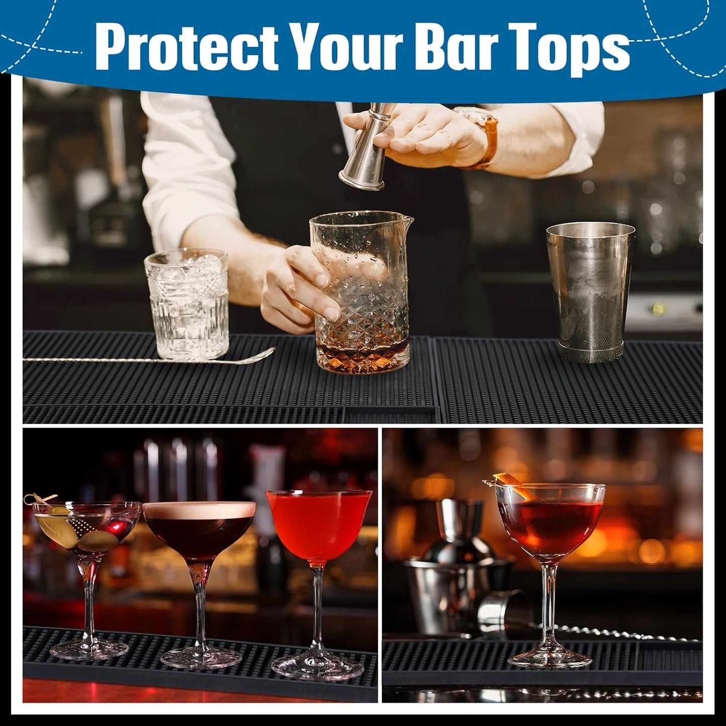 4 Pcs Thick Rubber Bar Mats for Bartending, Durable Non-slip Spill Mat for Countertop, Home Kitchen, Coffee Bars, and Restaurants Accessories, Black(24" X 12"+18" X 12"+24" X 3"+12" X 6")