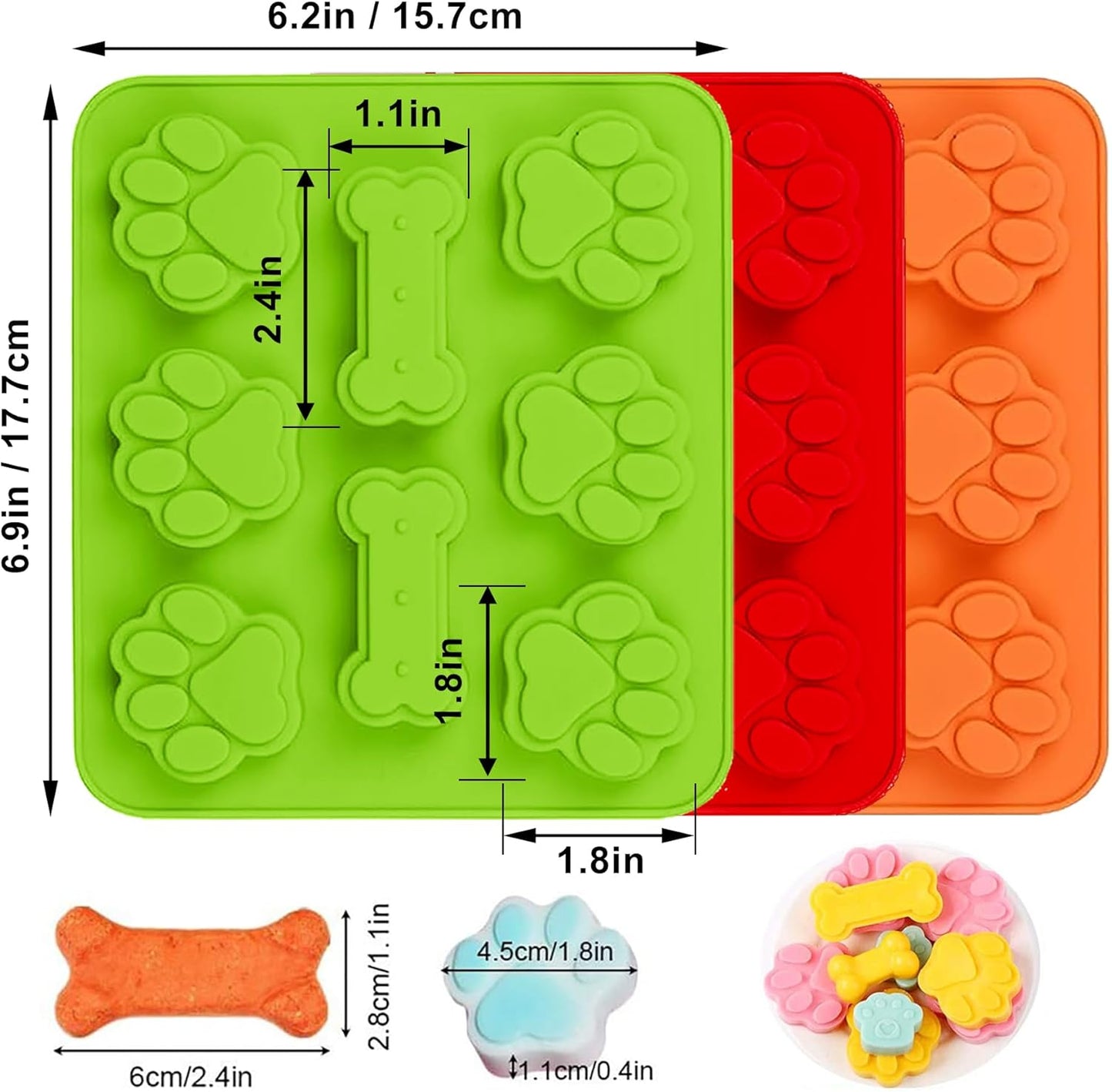 Puppy Dog Paw and Bone Silicone Molds, 2-in-1 and 6-in-a-row Dog Paw Molds,Non-Stick Food Grade,for Chocolate, Candy, Pudding, Jelly, Dog Treats-Set of 6 Pcs