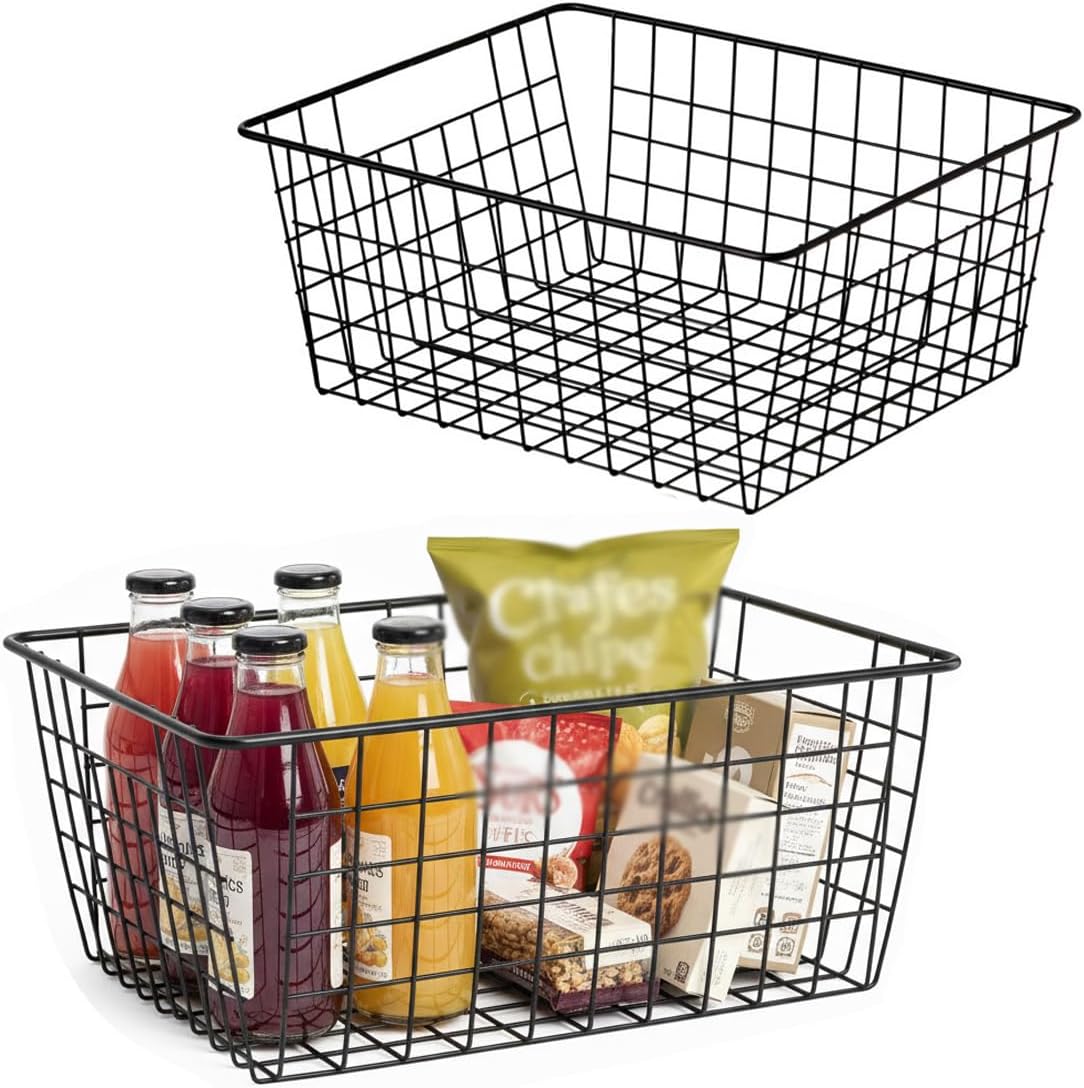 Kitchen Wire Baskets Farmhouse Decor Metal Food Storage Organizer,Household Refrigerator Bin with Built-in Handles for Cabinets,Pantry,Bathroom,Black
