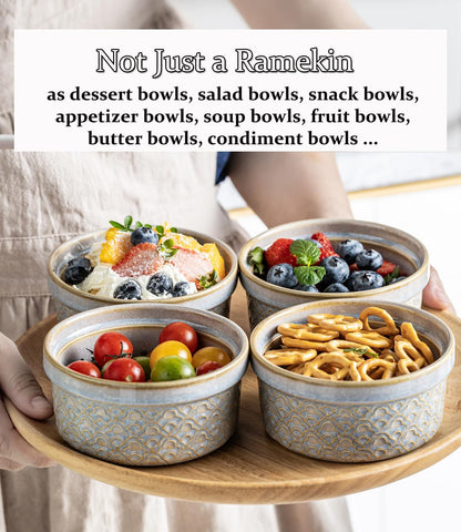 Creme Brulee Ramekins with Covers, Ceramic Souffle Ramekin with Lid, Small Baking Dishes, Food Storage Containers Serving Bolws with Lids for Lunch, Dessert, Fruit, Grey Cloud