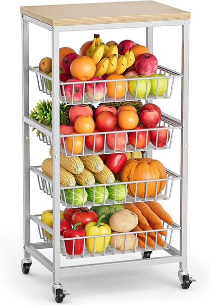Snack Cart, 5-Tier Kitchen Carts on Wheels with Storage,Fruit Basket Stand with Pull-Out Baskets and Wood Top,Kitchen Organizer for Fruit Vegetable Snack (Oak Beige)