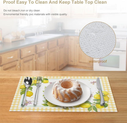 Yellow Lemon Placemats Set of 4, 12x18 Inch Summer Fruits Buffalo Plaid Baskets Floral Farmhouse Seasonal Spring Holiday Coffee Table Mats for Party Kitchen Dining Decoration