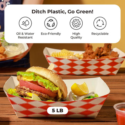 Fit Meal Prep [250 Pack 5 lb Paper Food Trays Heavy Duty Food Paperboard Boat Disposable Red Check Grease Resistant Fast for Parties Fairs Picnics Carnivals, Holds Tacos Nachos Fries