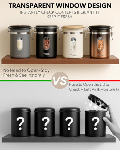 Veken Coffee Sugar Canister with Window, Christmas Coffee Lovers Gift Basket Set, Airtight Stainless Steel Kitchen Food Storage Container Gifts for Grounds, Beans,Tea,Flour, Cereal, Scoop, 22OZ,Cream