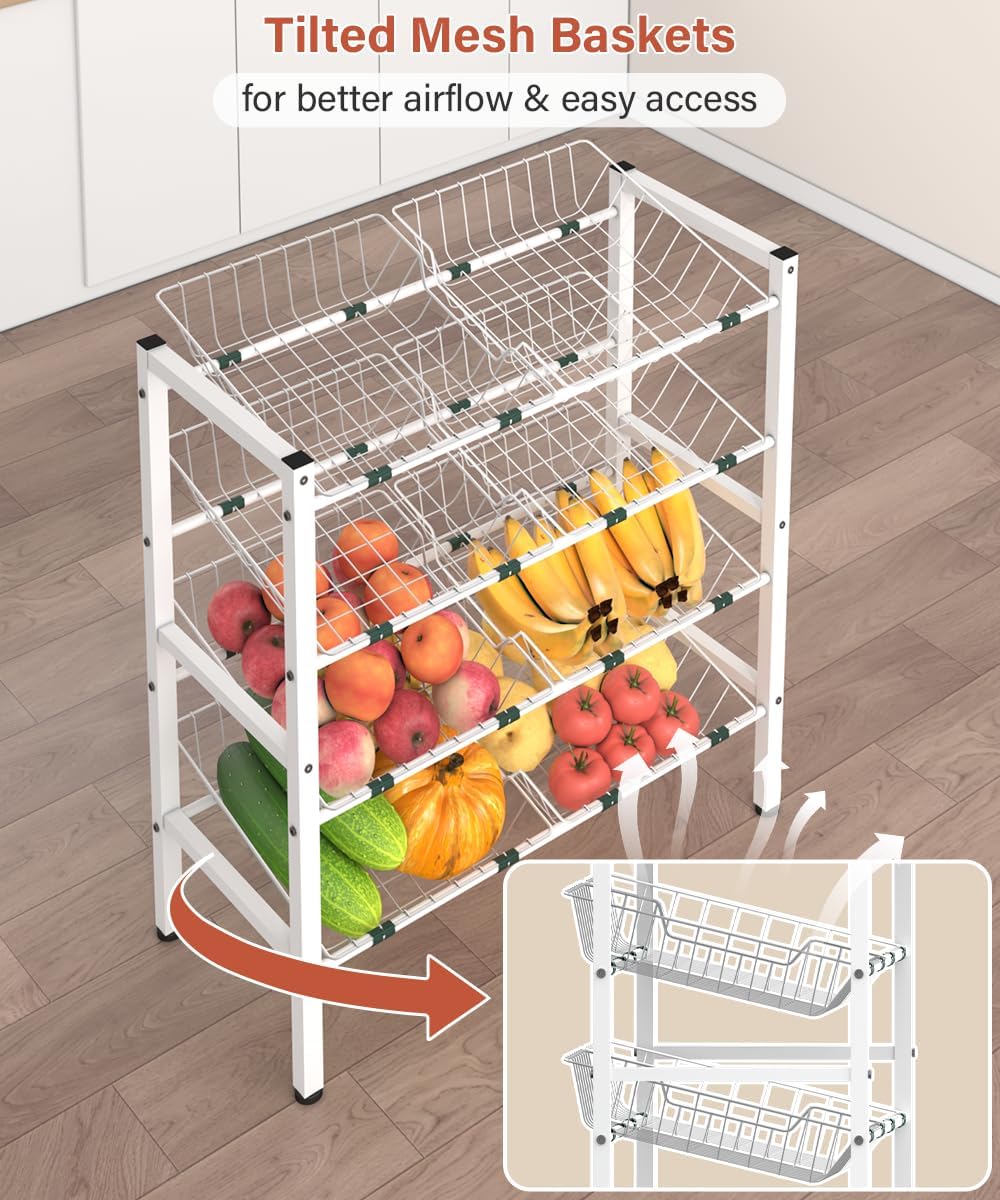 4-Tier Kitchen Storage Rack, Metal Pantry Storage Stand, Fruit Basket Stand with 8 Fruit Vegetable Baskets, Freestanding Snack Organizer Shelf Unit for Living Room, Office, Apartment, White