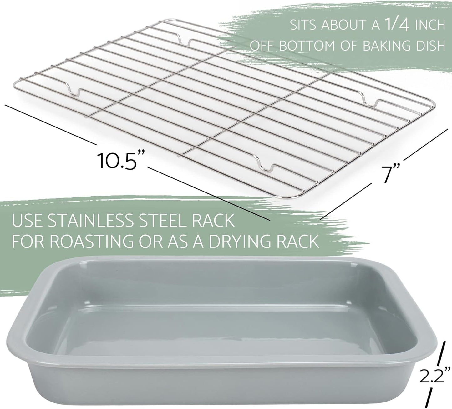 Elanze Designs Large 13 inch Stoneware Porcelain Baking Dish With Stainless Steel Rack, Grey