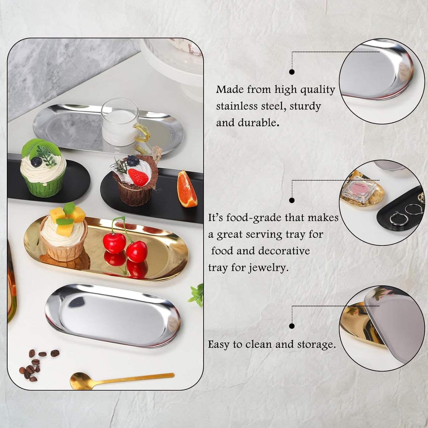 IBWell 2 pcs Black Decorative Serving Tray for Bathroom, 7" Long Small Jewelry Bowl Dish