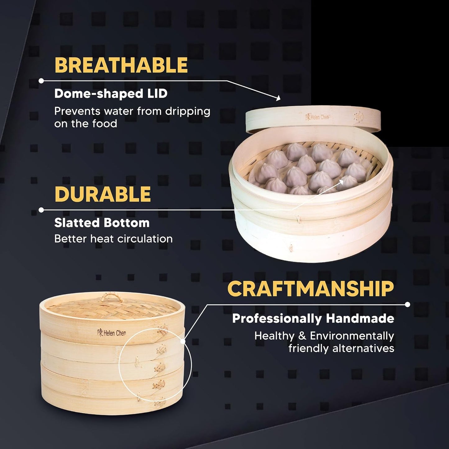 Helen's Asian Kitchen Bamboo Food Steamer with Lid - 100% Natural Bamboo - Basket Steamers for Cooking Dumplings, Dim Sum, Veggies, Fish, Meat - Preserve Nutrients & Flavors - 10-Inch