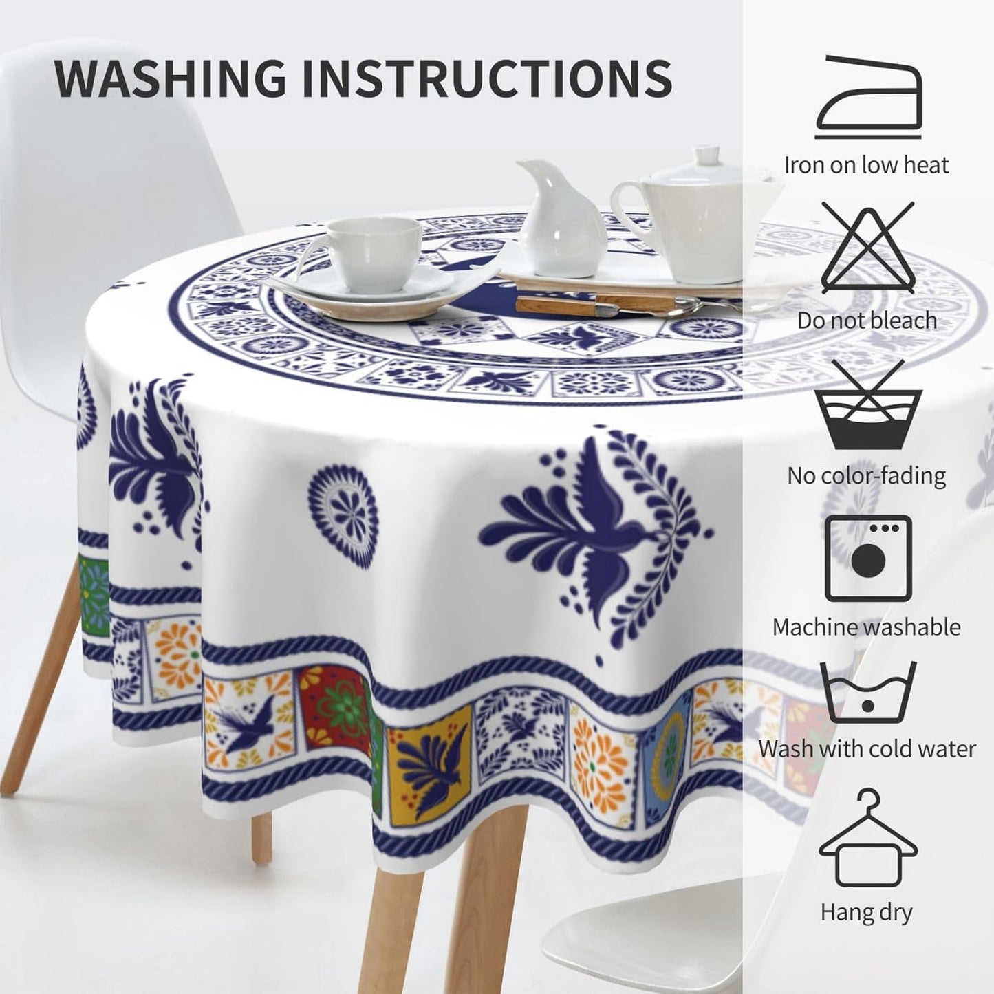 Mexican Round Tablecloth, Floral Bird Talavera Ceramic Tile Dia De Los Muertos Azulejo Mosaic Water Resisitant Table Cover for Dining Kitchen Living Room Home Party Holiday Decor 60 inch Round