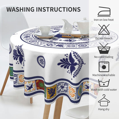 Mexican Round Tablecloth, Floral Bird Talavera Ceramic Tile Dia De Los Muertos Azulejo Mosaic Water Resisitant Table Cover for Dining Kitchen Living Room Home Party Holiday Decor 60 inch Round