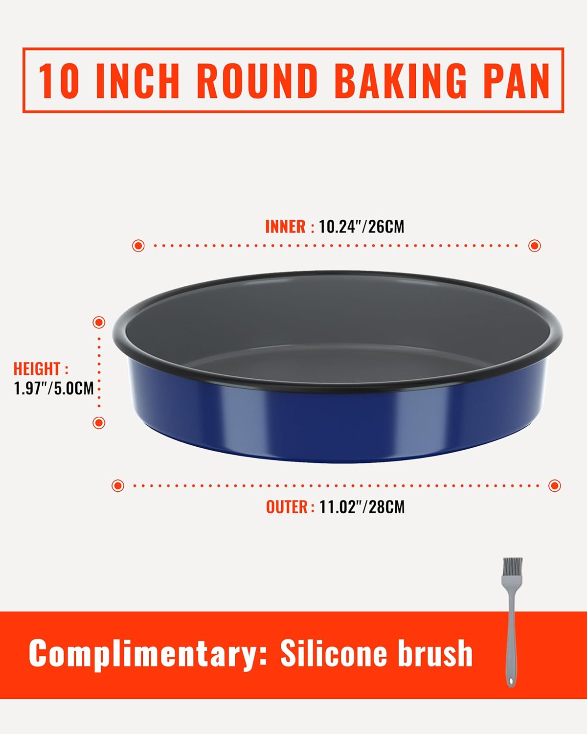 Enamel Round Baking Pan Roasting Dish 10 Inch Non-Stick Cookware for Cake Bread Pie Pizza Roast, Non-Toxic Carbon Steel Oven Dishwasher Safe Christmas Party Gift, Navy Blue Bakeware