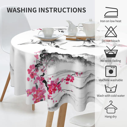 Japanese Tablecloth, Traditional Vintage Landscape Oriental Crane Temple Chinoiserie Water Resisitant Wipeable Table Cover for Dining Kitchen Living Room Home Party Holiday Decor 70 inch Round