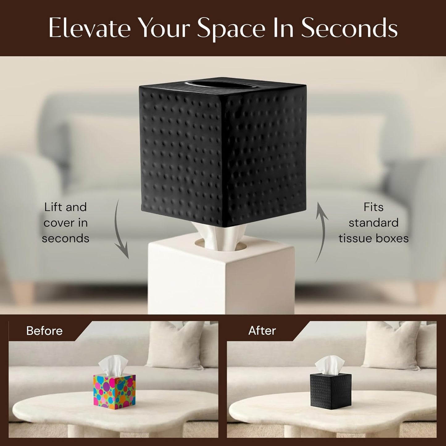 Monarch Abode Tissue Box Cover Square – Hand Hammered Black Metal Tissue Holder Box for Bathroom Accessory, Aesthetic Decorative Facial Napkin Cube for Modern Home Decor