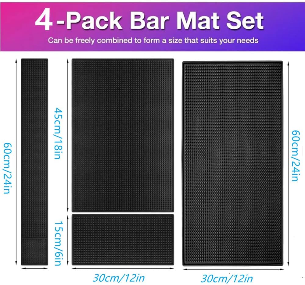 WANGCHAO Bar Mat Set of 4 Nonslip Flexible Rubber Black Bar Service Spill Mat Barber Mats Dish Drying Mat (24" x 12"+18" x 12"+23" x 3"+12" x 6")
