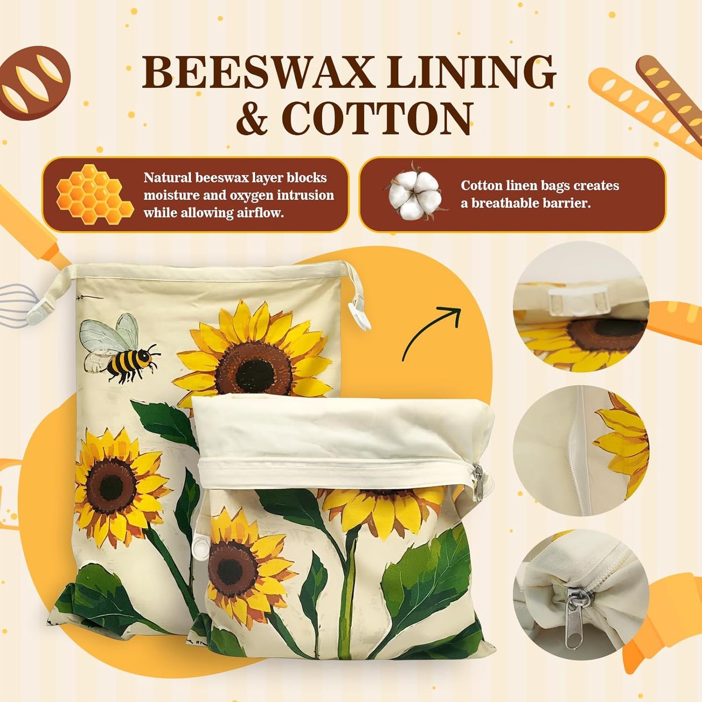 Beeswax Bread Bags for Sourdough 2 Pack 13"x17" Eco-Friendly Reusable Linen Cotton Storage Bags with Zipper Closure for Homemade Bread Fresh-Keeping, Freezer-Safe Sunflower