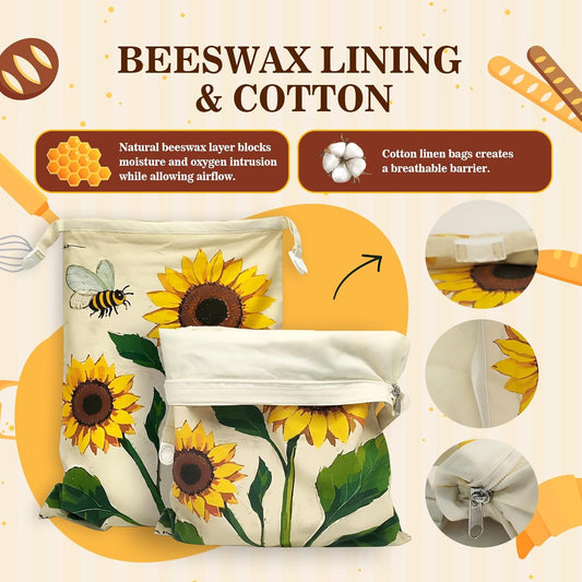 Beeswax Bread Bags for Sourdough 2 Pack 13"x17" Eco-Friendly Reusable Linen Cotton Storage Bags with Zipper Closure for Homemade Bread Fresh-Keeping, Freezer-Safe Sunflower