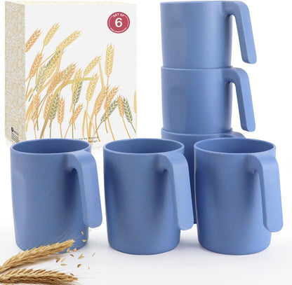 Wrova 16oz Wheat Straw Cups with handles set of 6-Plastic Cups Reusable-Unbreakable Kids Mugs-Dishwasher Safe & Microwave Safe-Ideal Plastic Mugs for Tea,Coffee,Camping,RV-Sky Blue