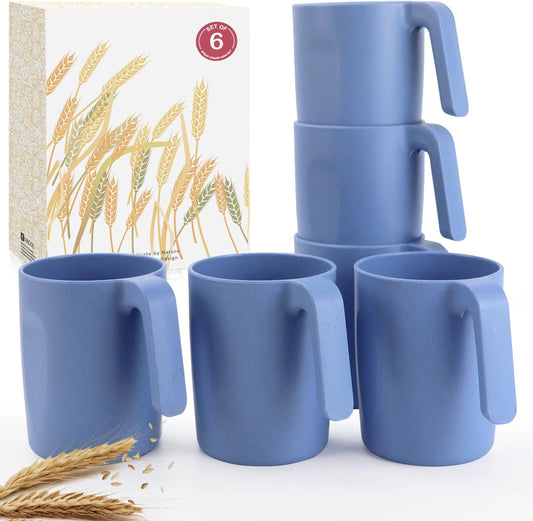 Wrova 16oz Wheat Straw Cups with handles set of 6-Plastic Cups Reusable-Unbreakable Kids Mugs-Dishwasher Safe & Microwave Safe-Ideal Plastic Mugs for Tea,Coffee,Camping,RV-Sky Blue