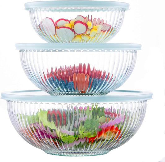 Luvan Glass Mixing Bowls with Lids Set(3.7QT, 2.1QT, 1.1QT),3PC Glass Nesting Bowl, Large Salad Bowls Sets with lids,Clear Cooking Bowl for Kitchen Prep,Food Storage,Baking,Microwave and Oven Safe