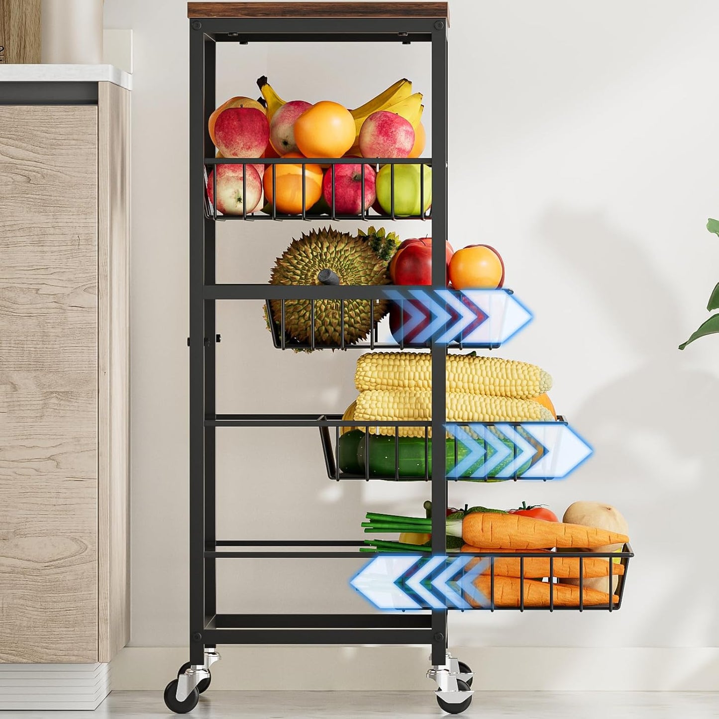 Fruit Vegetable Cart, 4-Tier Snack & Kitchen Cart on Wheels with Storage, Pull-Out Baskets & Wood Top, Rolling Organizer for Pantry, Living Room (Brown)