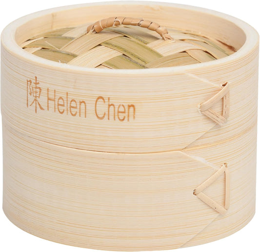 Helen's Asian Kitchen Bamboo Food Steamer with Lid - 100% Natural Bamboo - Basket Steamers for Cooking Dumplings, Dim Sum, Veggies, Fish, Meat - Preserve Nutrients & Flavors - 4-Inch, Set of 2